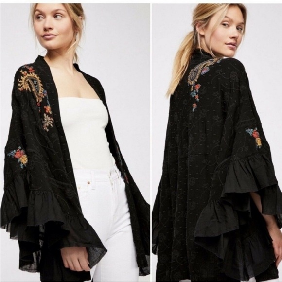FREE PEOPLE | Black Dottie West Boho Bell Sleeve Kimono Cardi - Picture 8 of 9